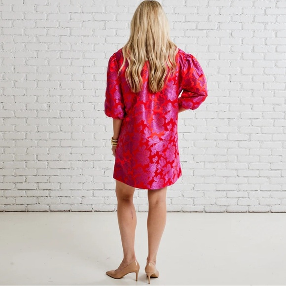 CARYN LAWN Asher Floral Jacquard Puff Sleeve Mini Dress Metallic Red Pink OS - Picture 2 of 15